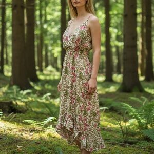 Shore Drive Womens Size Large Boho Floral Hi Low Green Pink Maxi Dress Festival